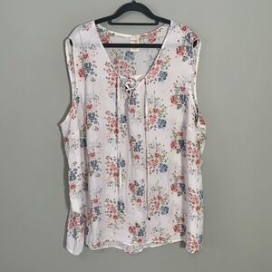 NEW Terra & Sky Lace Up Tank Top Floral Print White Blue Pink Plus Size 3X